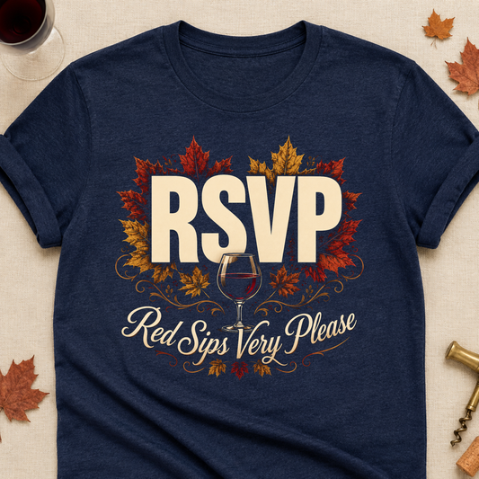 RSVP Red Sips Very Please Fall Colored Print T-Shirt - Heather Navy - Brooke & Belle