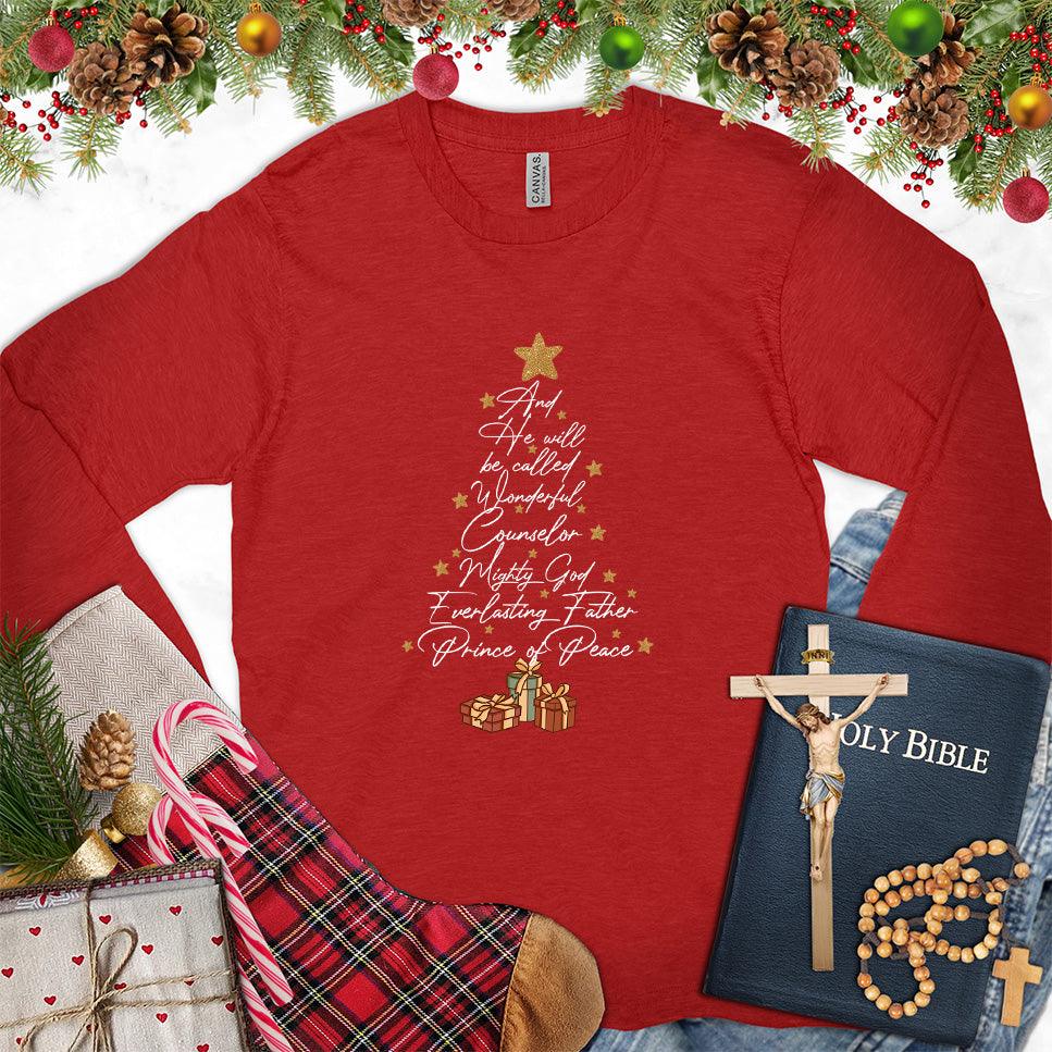 And He Will Be Called Wonderful Counselor Colored Edition Long Sleeves Red - Inspirational long sleeve shirt with "Wonderful Counselor" design, gifts, and Bible elements.