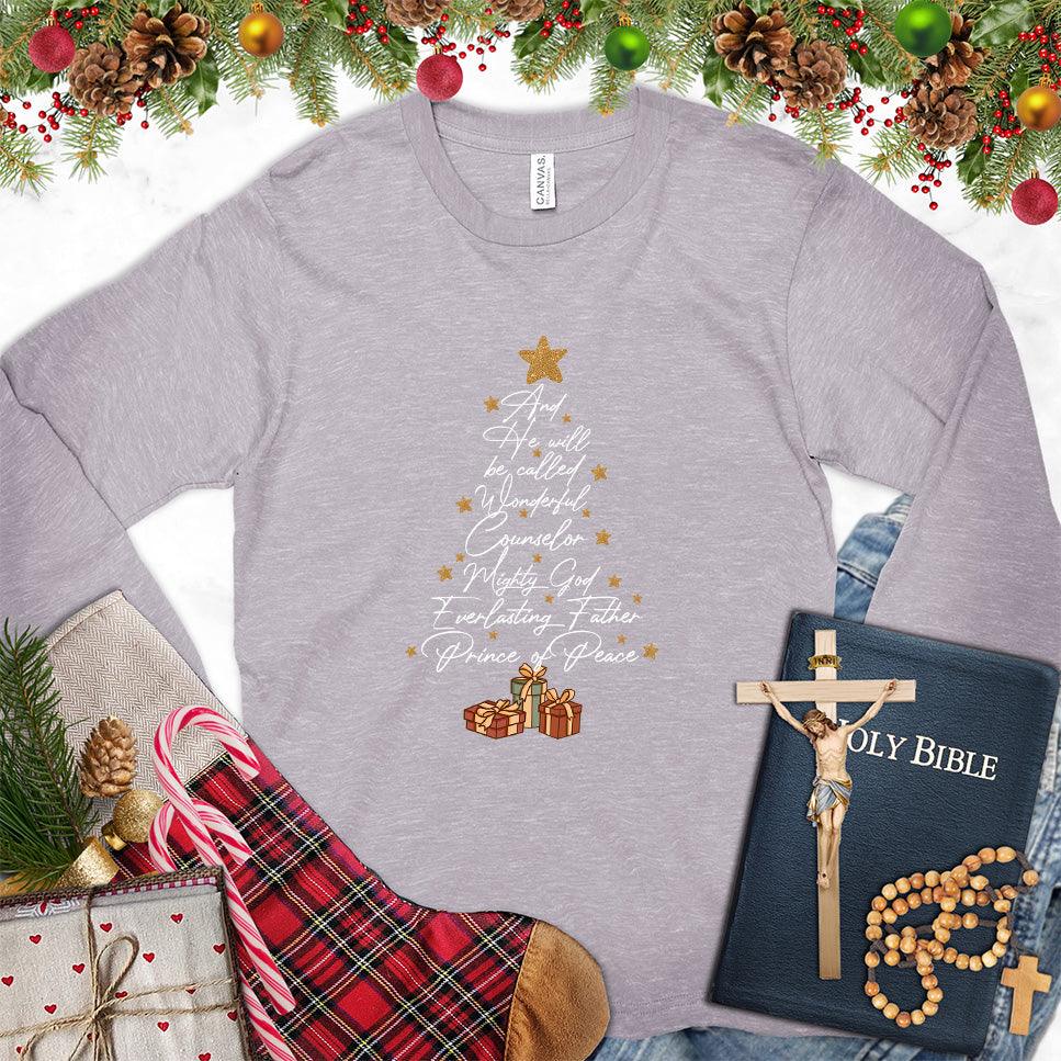 And He Will Be Called Wonderful Counselor Colored Edition Long Sleeves Storm - Inspirational long sleeve shirt with "Wonderful Counselor" design, gifts, and Bible elements.