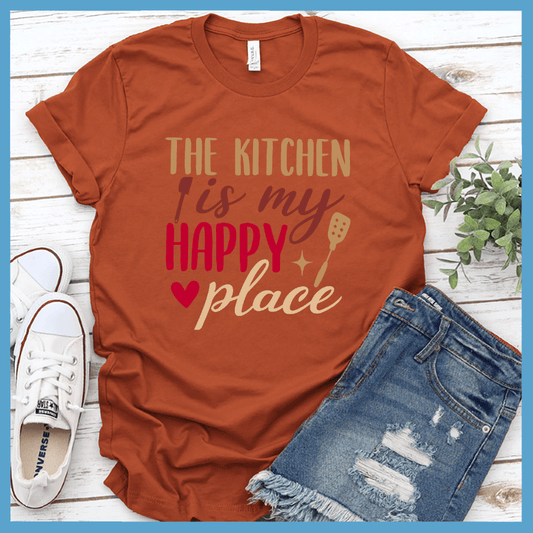 The Kitchen Is My Happy Place T-Shirt Colored Edition Autumn - Witty culinary-themed t-shirt with playful kitchen utensils design