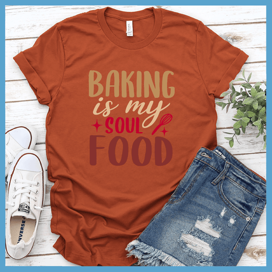 Baking Is My Soul Food T-Shirt Colored Edition Autumn - Graphic t-shirt featuring 'Baking is my Soul Food' design with whimsical kitchen motifs