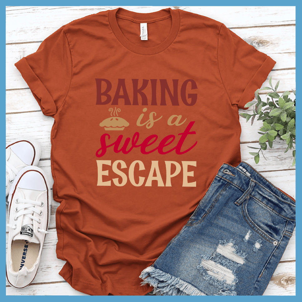 Baking Is A Sweet Escape T-Shirt Colored Edition Autumn - Fun "Baking Is A Sweet Escape" typography design on a comfortable t-shirt for baking enthusiasts