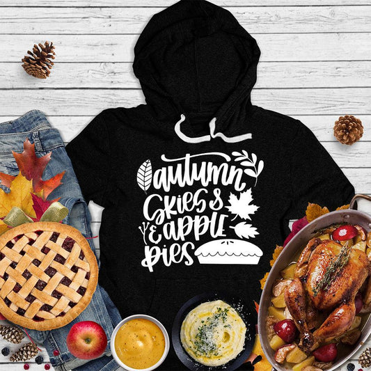 Autumn & Skies Apple Pies Version 2 Hoodie Black - Graphic hoodie with autumnal design featuring apples and pie motifs for a cozy fall vibe.
