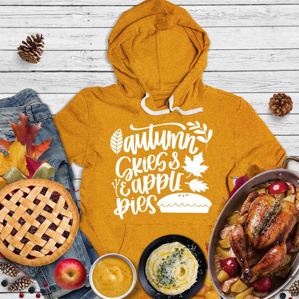 Autumn & Skies Apple Pies Version 2 Hoodie Heather Mustard - Graphic hoodie with autumnal design featuring apples and pie motifs for a cozy fall vibe.