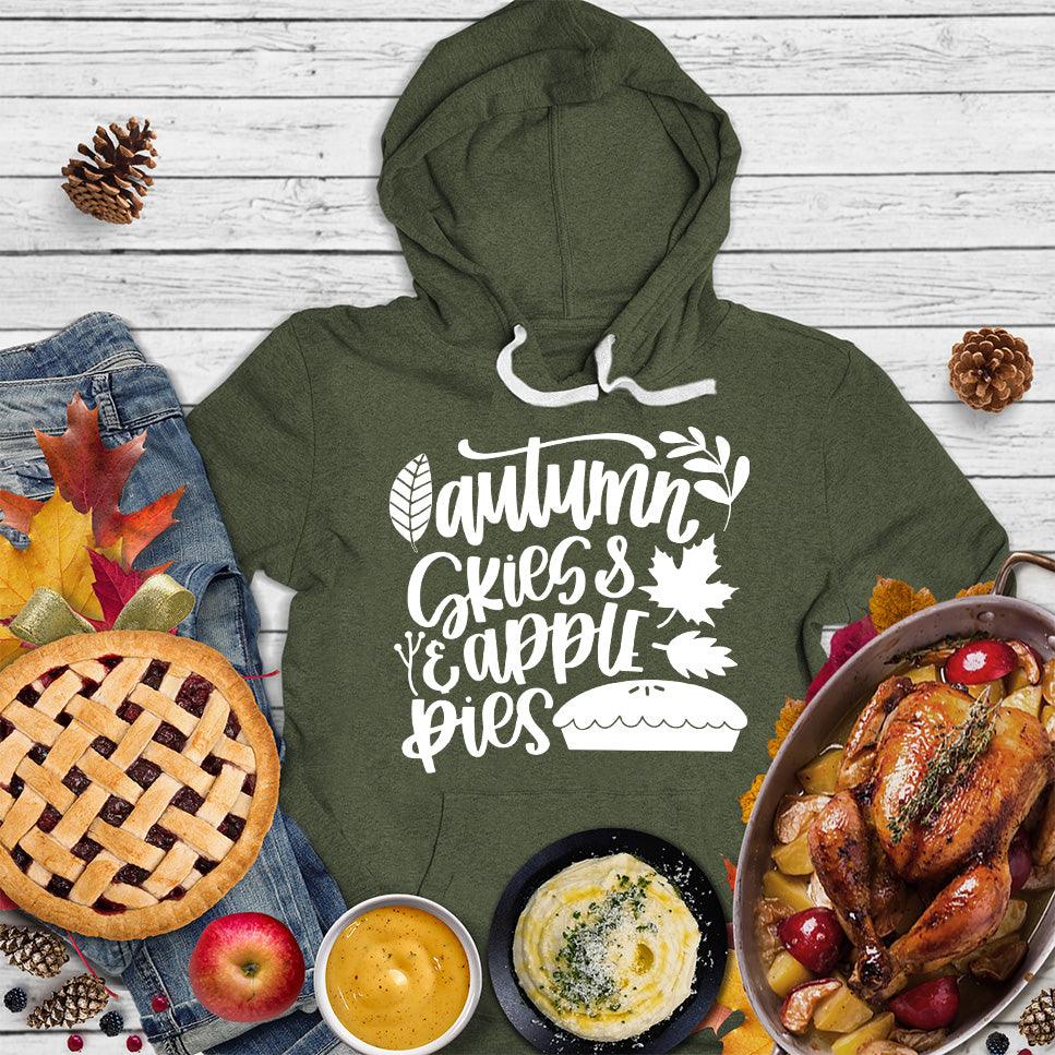 Autumn & Skies Apple Pies Version 2 Hoodie Military Green - Graphic hoodie with autumnal design featuring apples and pie motifs for a cozy fall vibe.