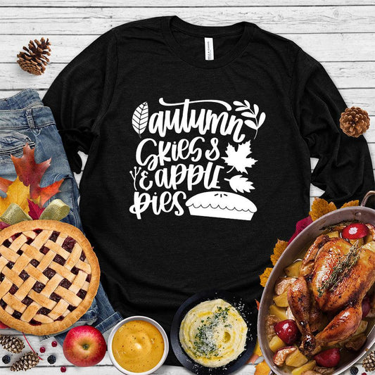 Autumn & Skies Apple Pies Version 2 Long Sleeves Black - Long sleeve shirt with autumn-themed design featuring apples and pie graphics.