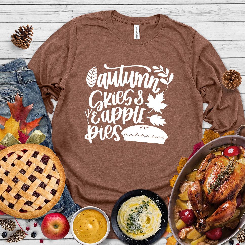 Autumn & Skies Apple Pies Version 2 Long Sleeves Chestnut - Long sleeve shirt with autumn-themed design featuring apples and pie graphics.