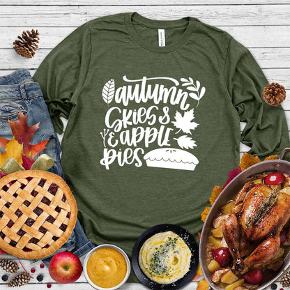 Autumn & Skies Apple Pies Version 2 Long Sleeves Military Green - Long sleeve shirt with autumn-themed design featuring apples and pie graphics.