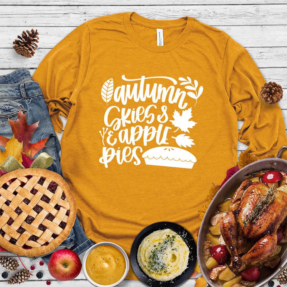 Autumn & Skies Apple Pies Version 2 Long Sleeves Mustard - Long sleeve shirt with autumn-themed design featuring apples and pie graphics.