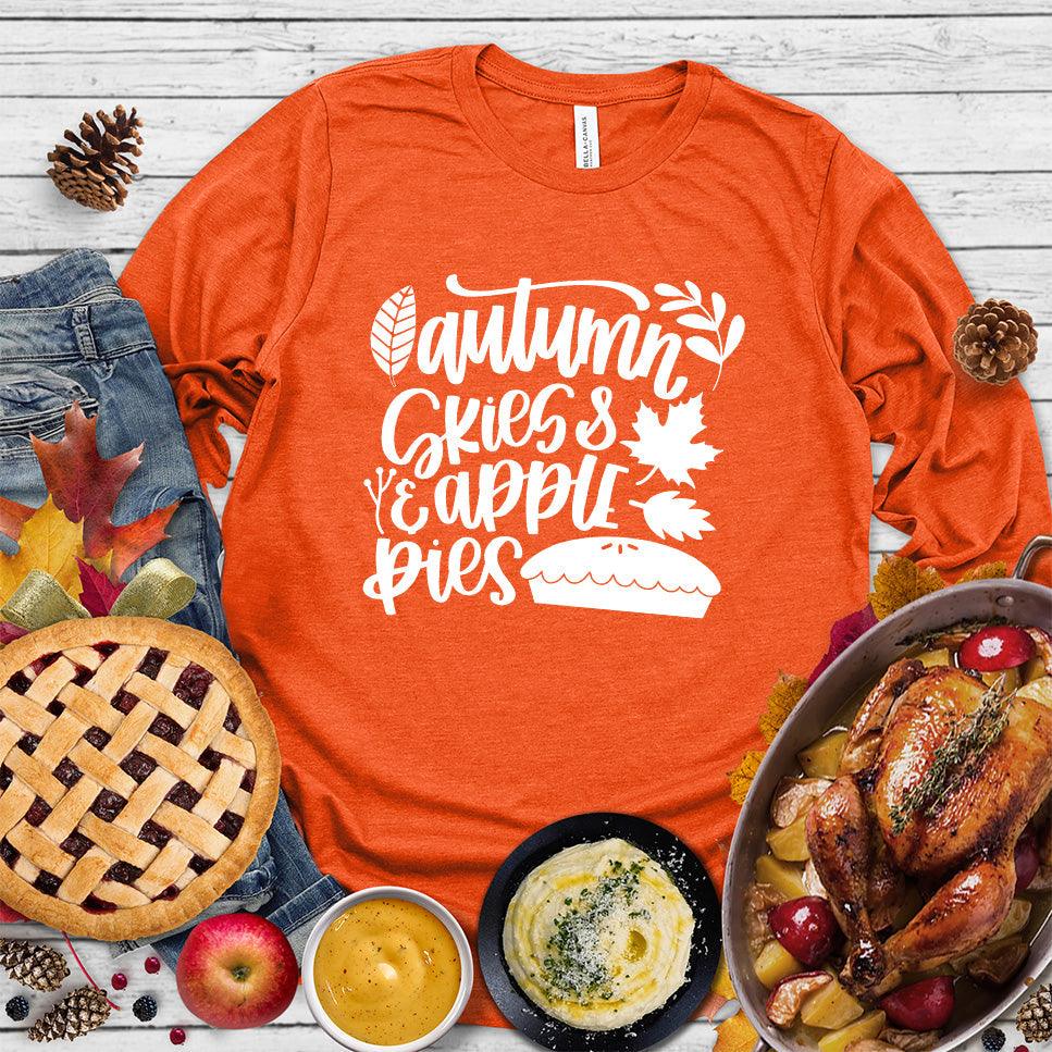 Autumn & Skies Apple Pies Version 2 Long Sleeves Orange - Long sleeve shirt with autumn-themed design featuring apples and pie graphics.