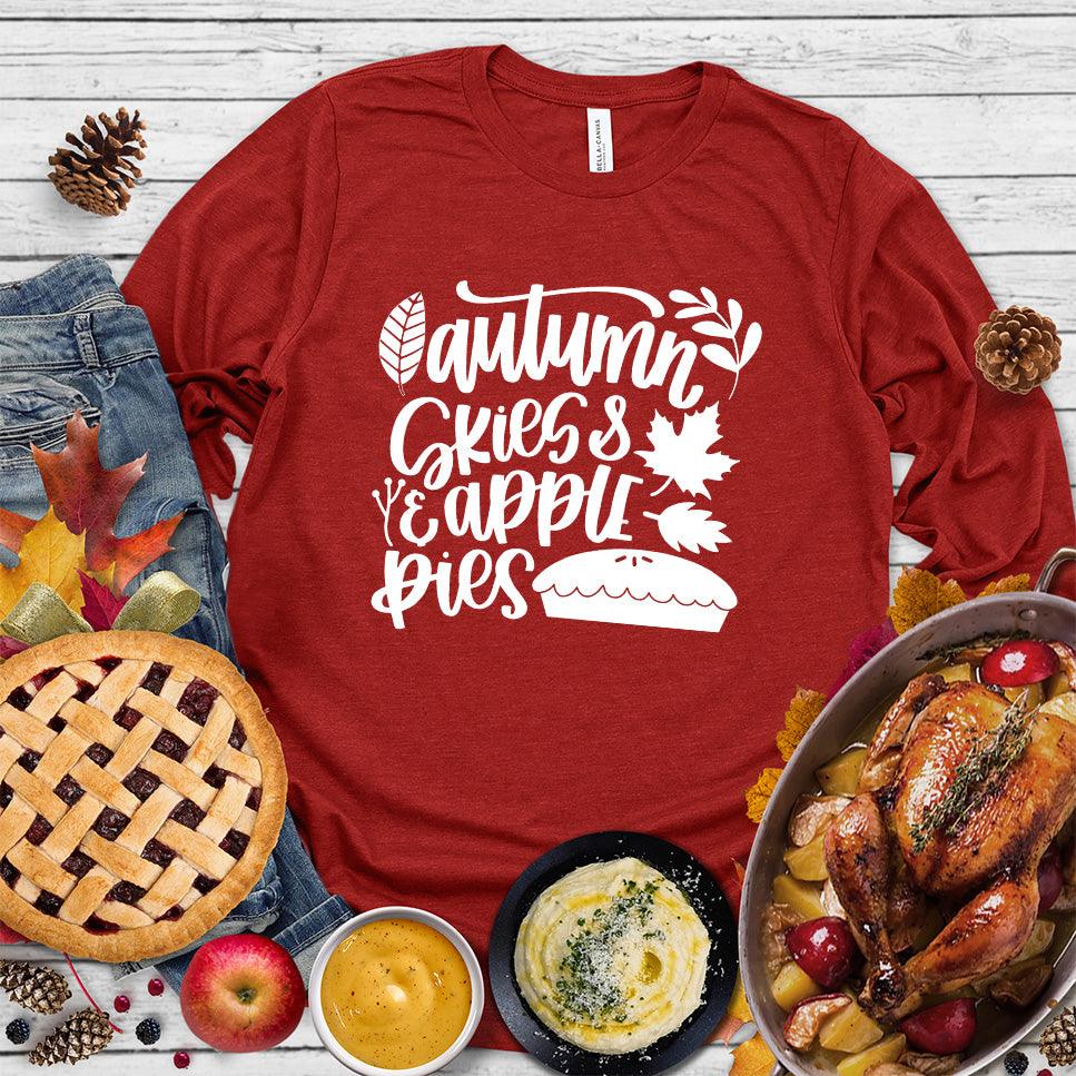 Autumn & Skies Apple Pies Version 2 Long Sleeves Red - Long sleeve shirt with autumn-themed design featuring apples and pie graphics.