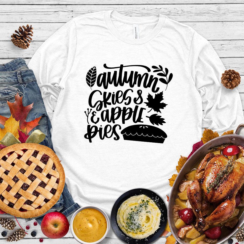 Autumn & Skies Apple Pies Version 2 Long Sleeves White - Long sleeve shirt with autumn-themed design featuring apples and pie graphics.