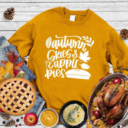 Autumn & Skies Apple Pies Version 2 Sweatshirt Heather Mustard - Graphic sweatshirt with autumn-inspired 'Autumn Skies & Apple Pies' print perfect for fall.