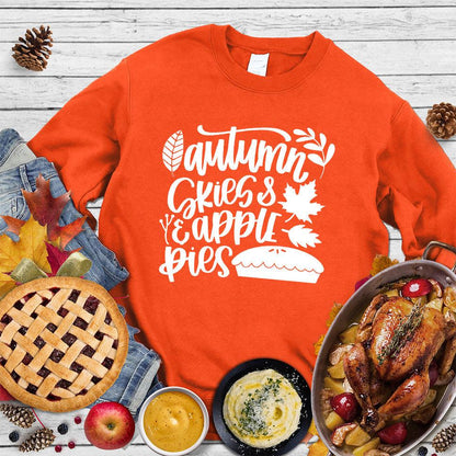 Autumn & Skies Apple Pies Version 2 Sweatshirt Orange - Graphic sweatshirt with autumn-inspired 'Autumn Skies & Apple Pies' print perfect for fall.