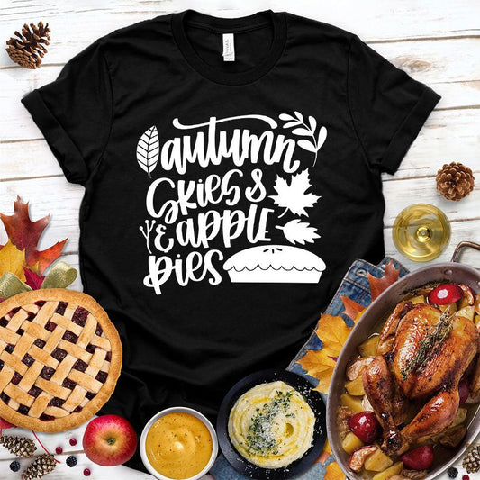 Autumn & Skies Apple Pies Version 2 T-Shirt Black - Graphic tee with autumn-themed design including leaves and apple pie motifs