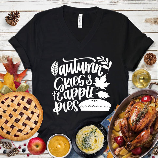 Autumn & Skies Apple Pies Version 2 V-Neck Black - Illustrated autumn-themed V-neck tee with Apple Pies design, perfect for fall fashion.