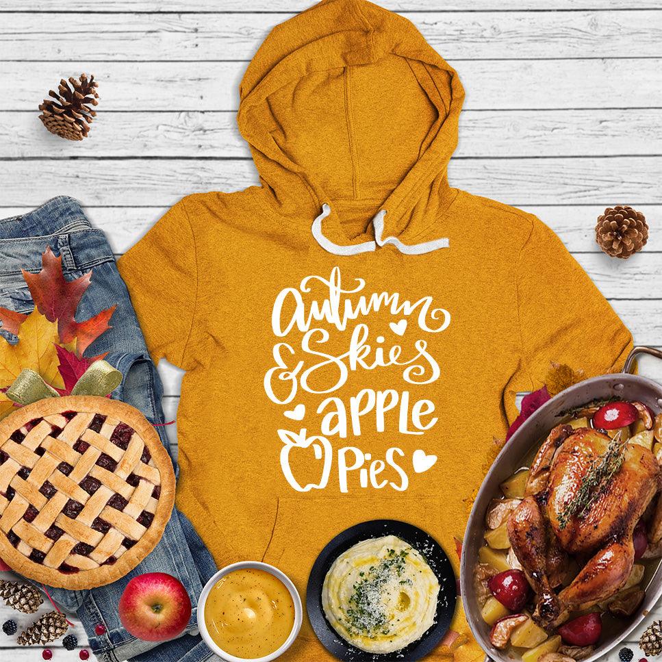 Autumn & Skies Apple Pies Hoodie Heather Mustard - Cozy hoodie with Autumn Skies and Apple Pies script design, perfect for fall.