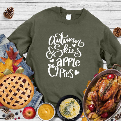 Autumn & Skies Apple Pies Sweatshirt Military Green - Comfy sweatshirt with autumn-themed design featuring script & apple graphic.