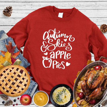 Autumn & Skies Apple Pies Sweatshirt Red - Comfy sweatshirt with autumn-themed design featuring script & apple graphic.