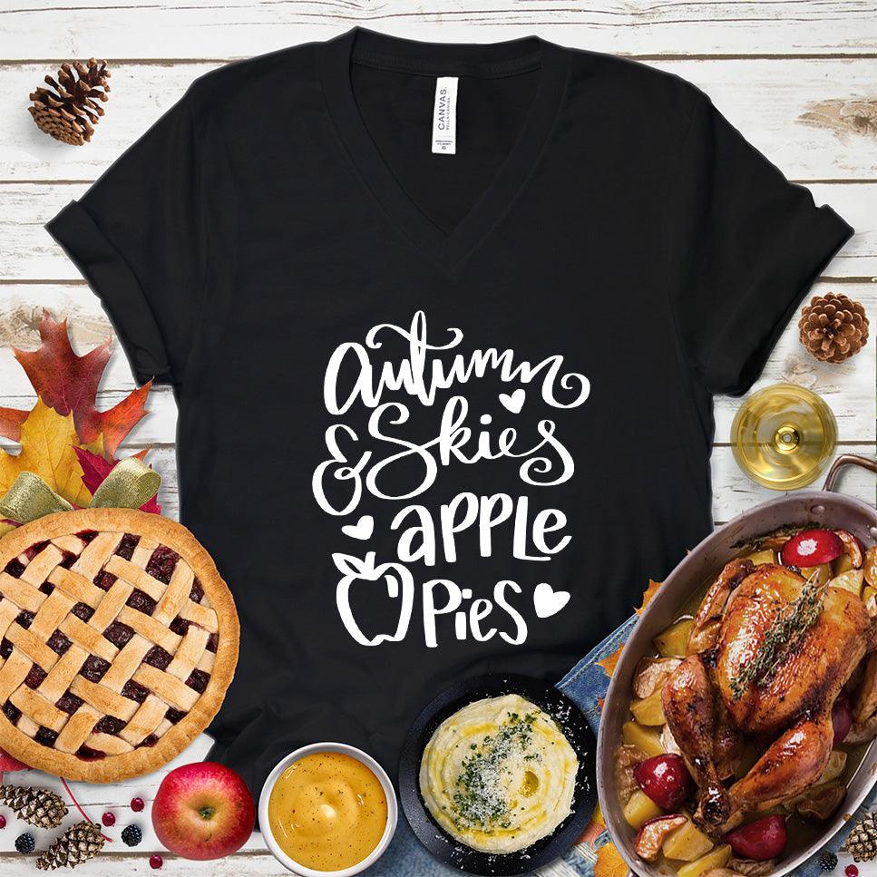 Autumn & Skies Apple Pies V-Neck Black - Whimsical v-neck tee with "Autumn & Skies Apple Pies" script, perfect for fall fashion enthusiasts.