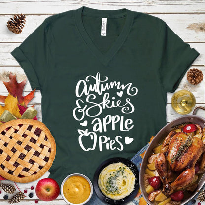 Autumn & Skies Apple Pies V-Neck Forest - Whimsical v-neck tee with "Autumn & Skies Apple Pies" script, perfect for fall fashion enthusiasts.