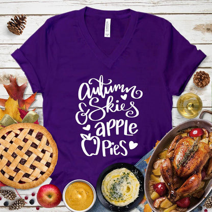Autumn & Skies Apple Pies V-Neck Team Purple - Whimsical v-neck tee with "Autumn & Skies Apple Pies" script, perfect for fall fashion enthusiasts.