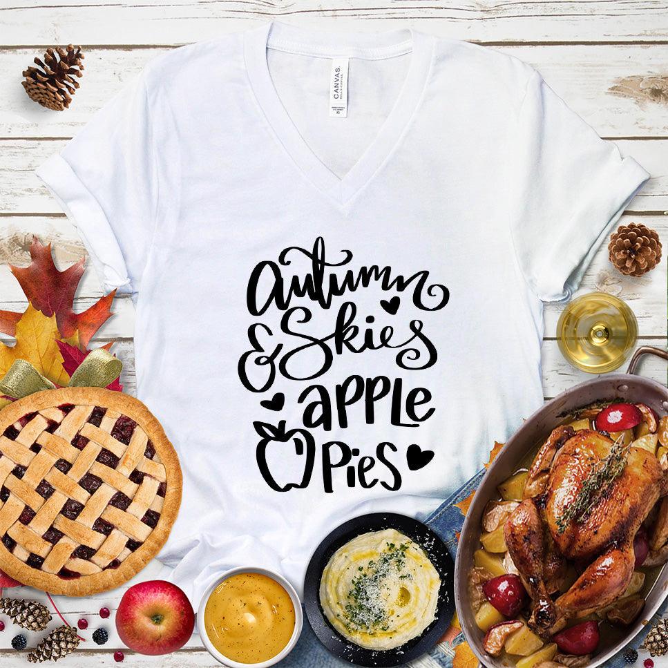 Autumn & Skies Apple Pies V-Neck White - Whimsical v-neck tee with "Autumn & Skies Apple Pies" script, perfect for fall fashion enthusiasts.