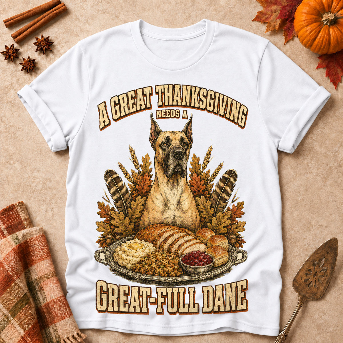 A Great Thanksgiving Needs A Great-Full Dane Colored Print T-Shirt - White - Brooke & Belle