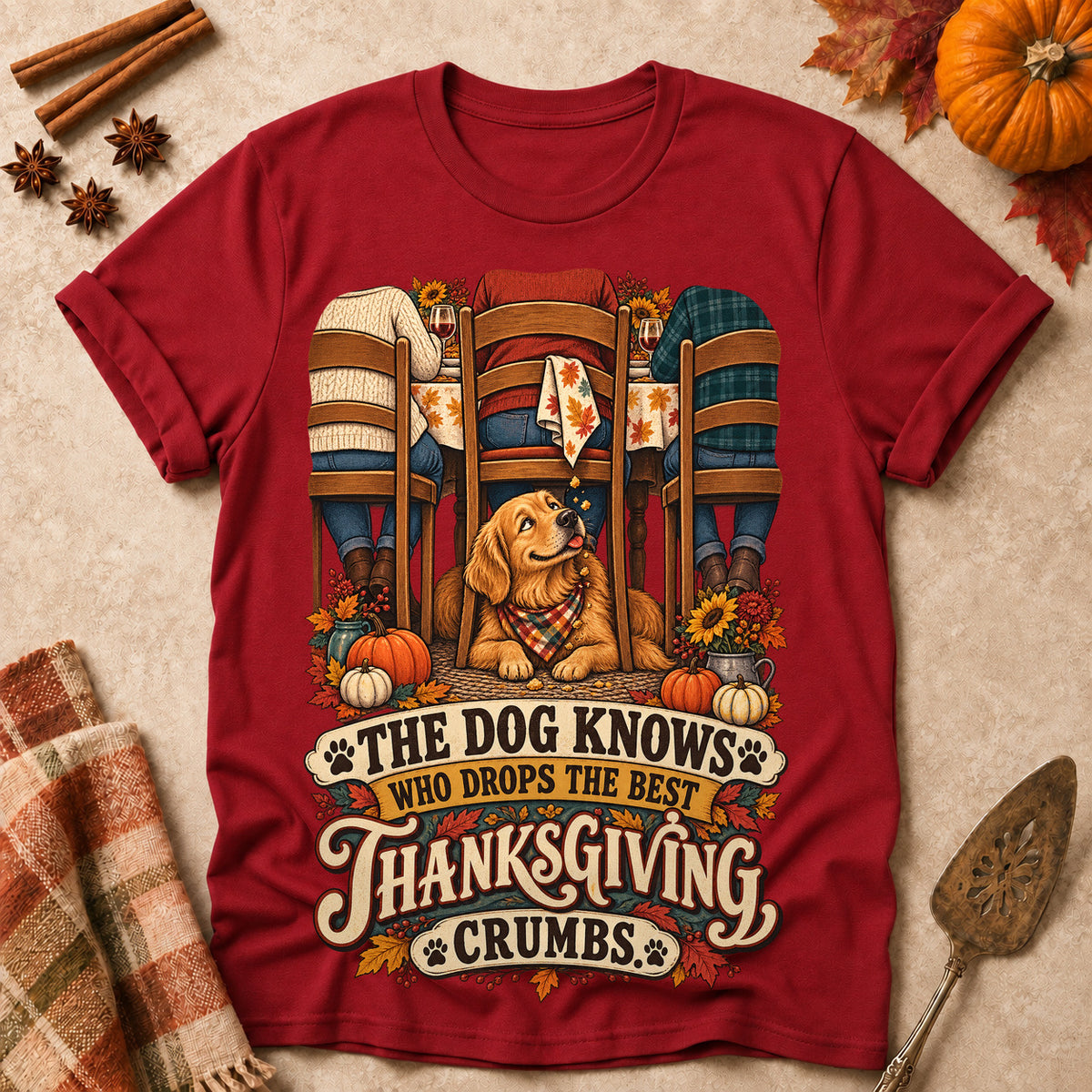 The Dog Knows Who Drops The Best Thanksgiving Crumbs Colored Print T-Shirt - Cardinal Red - Brooke & Belle