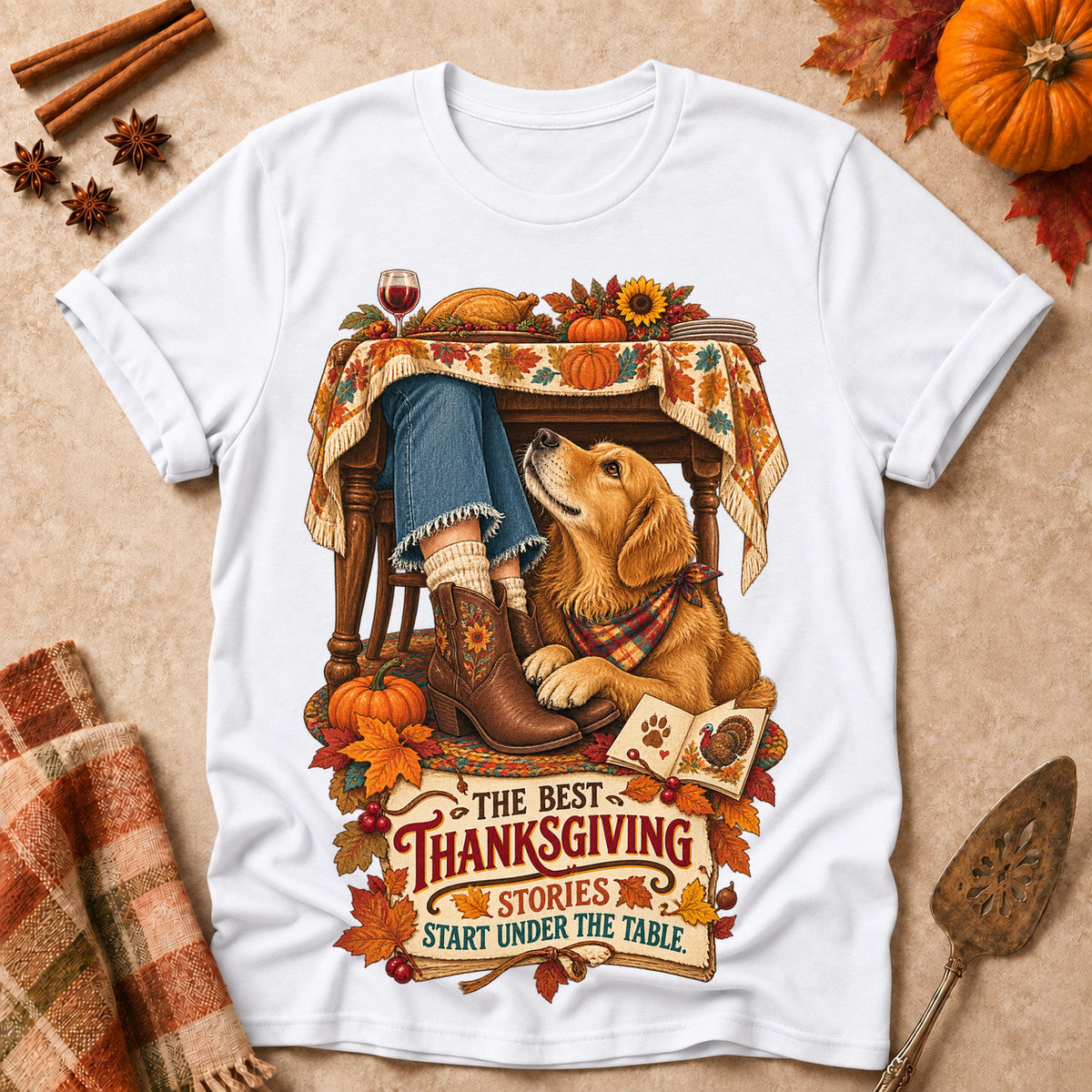The Best Thanksgiving Stories Start Under The Table Colored Print T-Shirt - White - Brooke & Belle