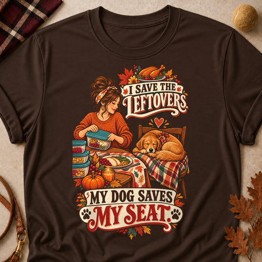 I Save The Leftovers. My Dog Saves My Seat Colored Print T-Shirt - Dark Chocolate - Brooke & Belle