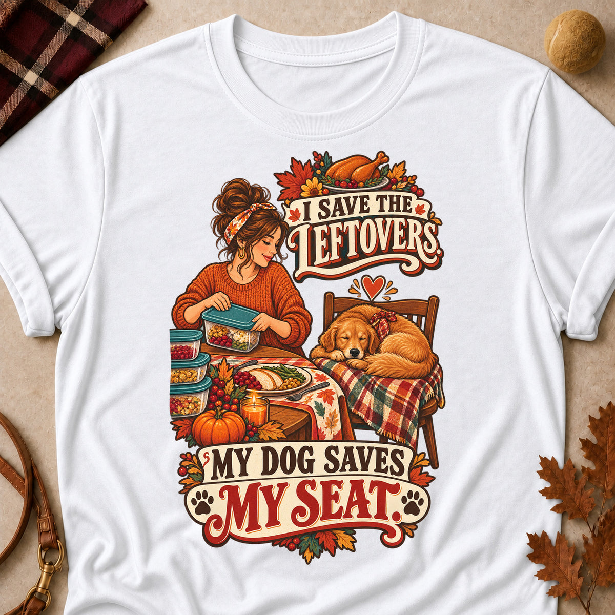 I Save The Leftovers. My Dog Saves My Seat Colored Print T-Shirt - White - Brooke & Belle