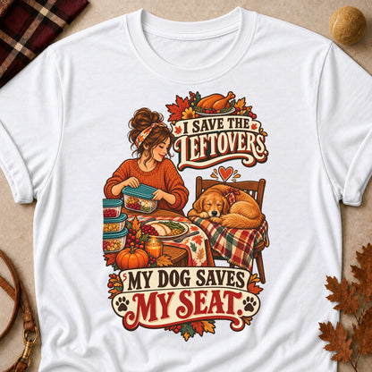 I Save The Leftovers. My Dog Saves My Seat Colored Print T-Shirt - White - Brooke & Belle