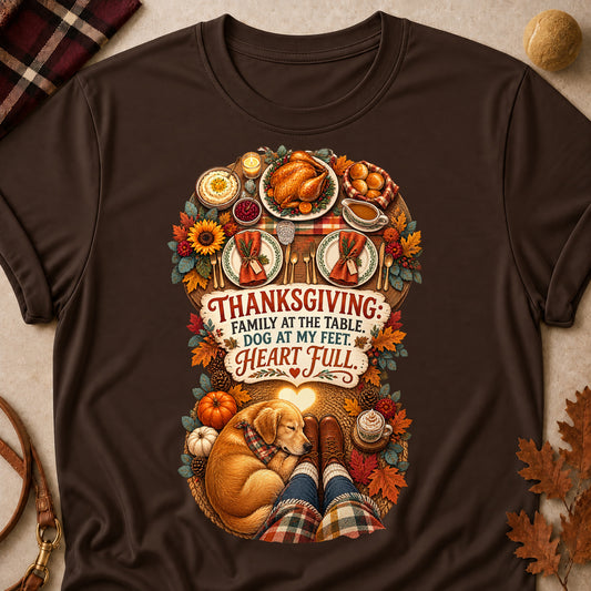 Family At The Table, Dog At My Feet, Heart Full Colored Print T-Shirt - Dark Chocolate - Brooke & Belle