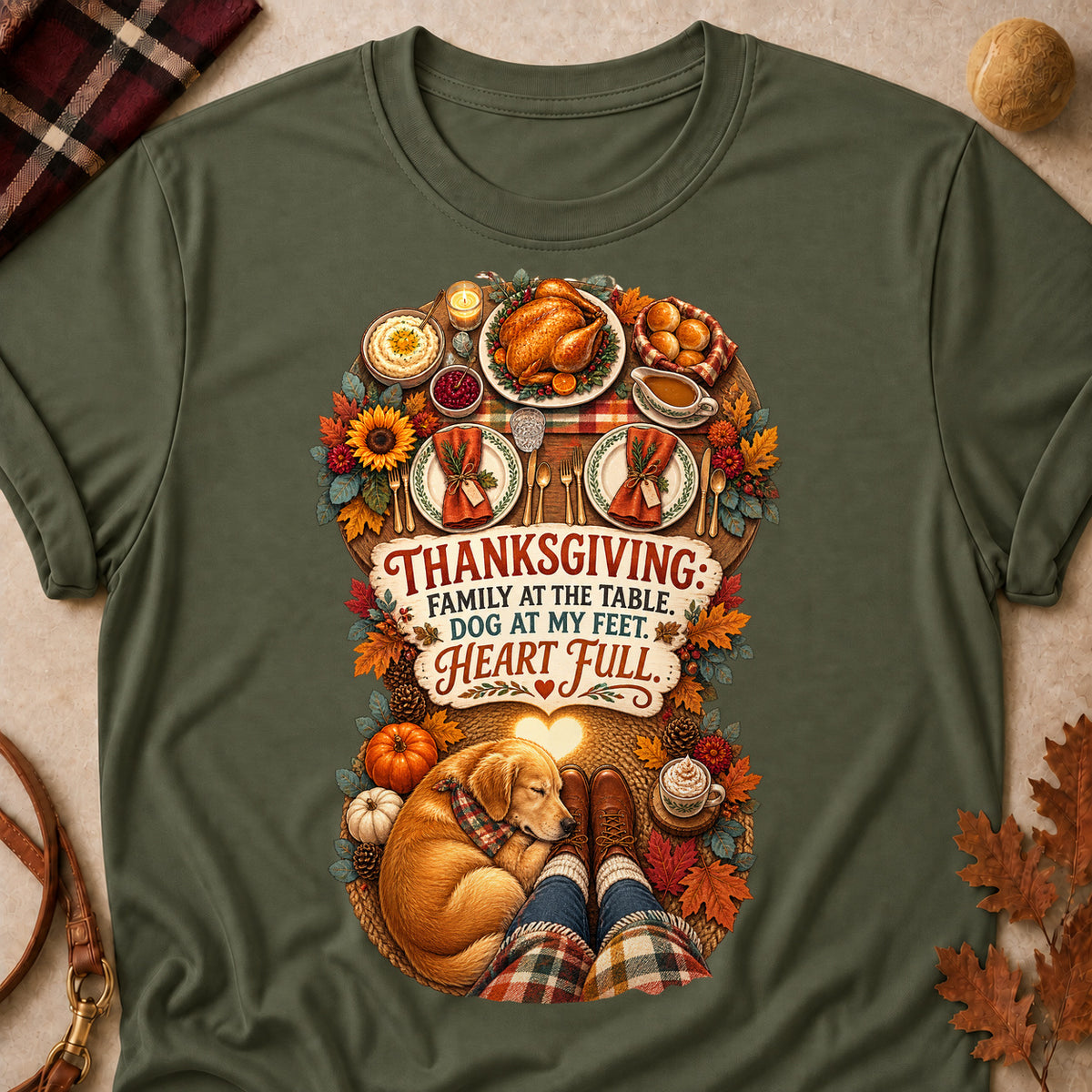 Family At The Table, Dog At My Feet, Heart Full Colored Print T-Shirt - Military Green - Brooke & Belle