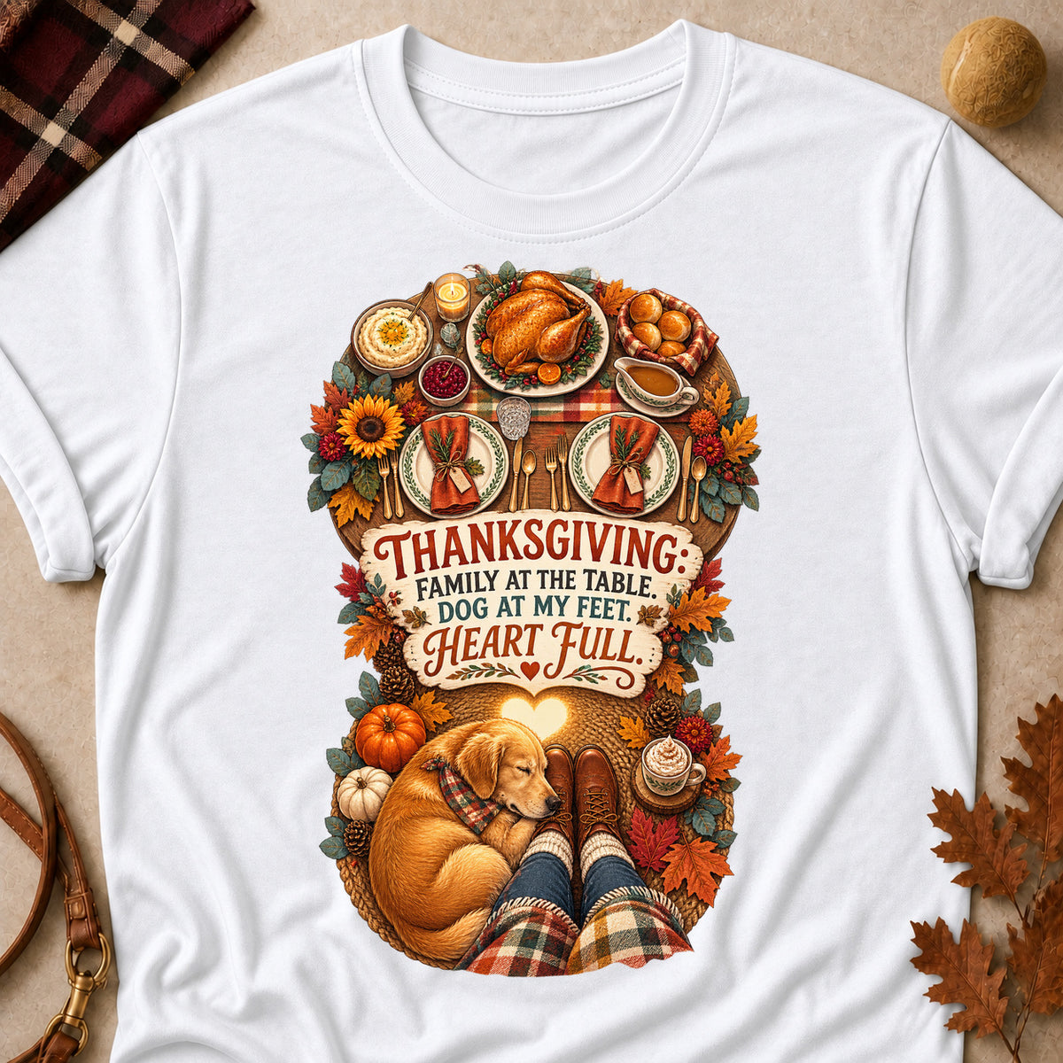 Family At The Table, Dog At My Feet, Heart Full Colored Print T-Shirt - White - Brooke & Belle