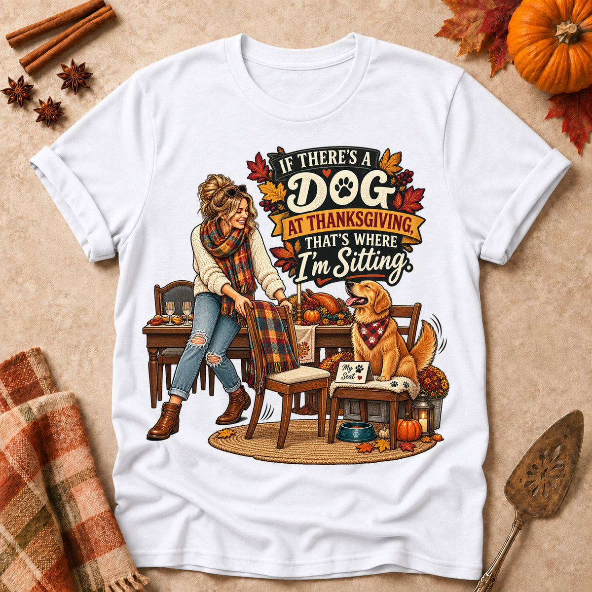 If There's A Dog At Thanksgiving, That's Where I'm Sitting Colored Print T-Shirt - White - Brooke & Belle