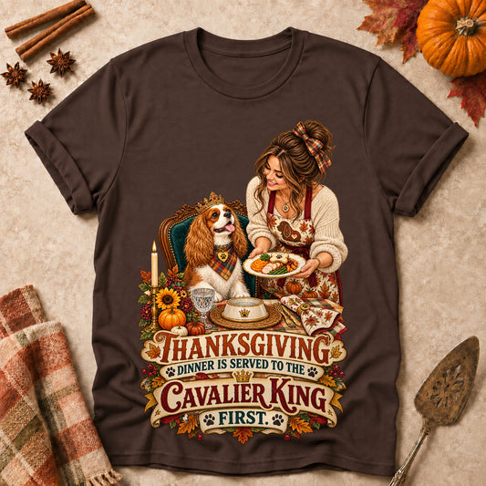 Thanksgiving Dinner Is Served To My Cavalier King First Colored Print T-Shirt - Dark Chocolate - Brooke & Belle