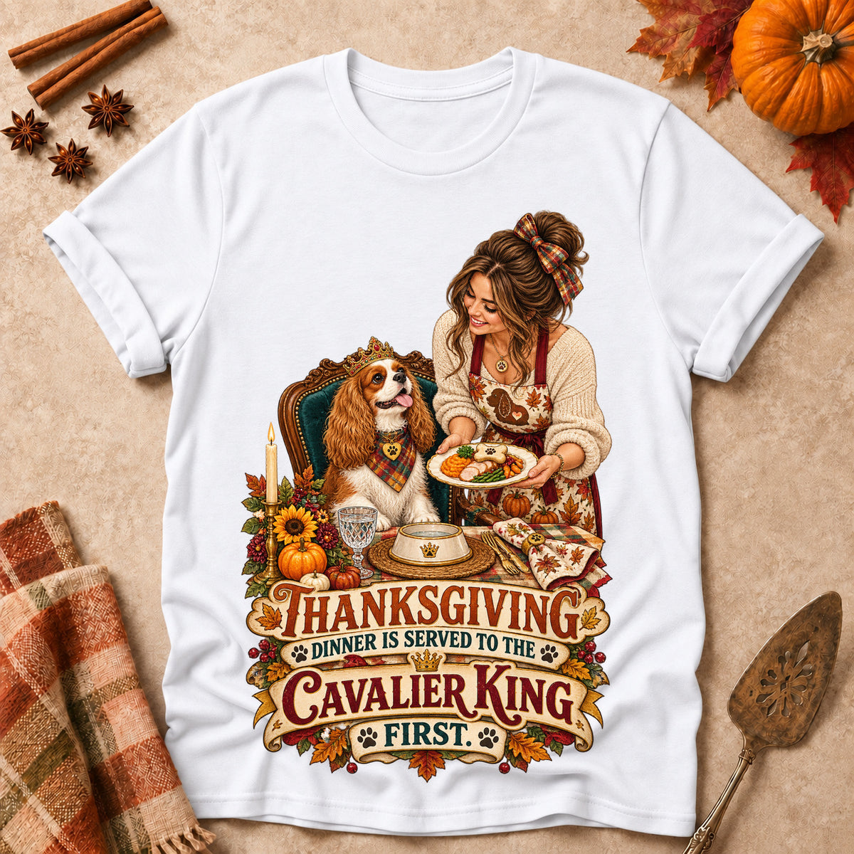 Thanksgiving Dinner Is Served To My Cavalier King First Colored Print T-Shirt - White - Brooke & Belle