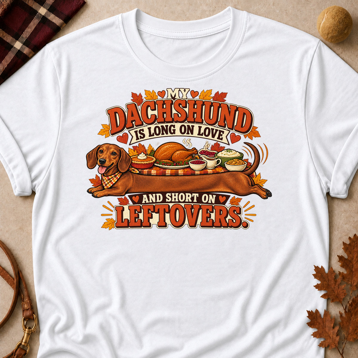 My Dachshund Is Long On Love And Short On Leftovers Colored Print T-Shirt - White - Brooke & Belle