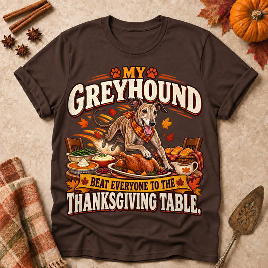 My Greyhound Beat Everyone To The Thanksgiving Table Colored Print T-Shirt - Dark Chocolate - Brooke & Belle