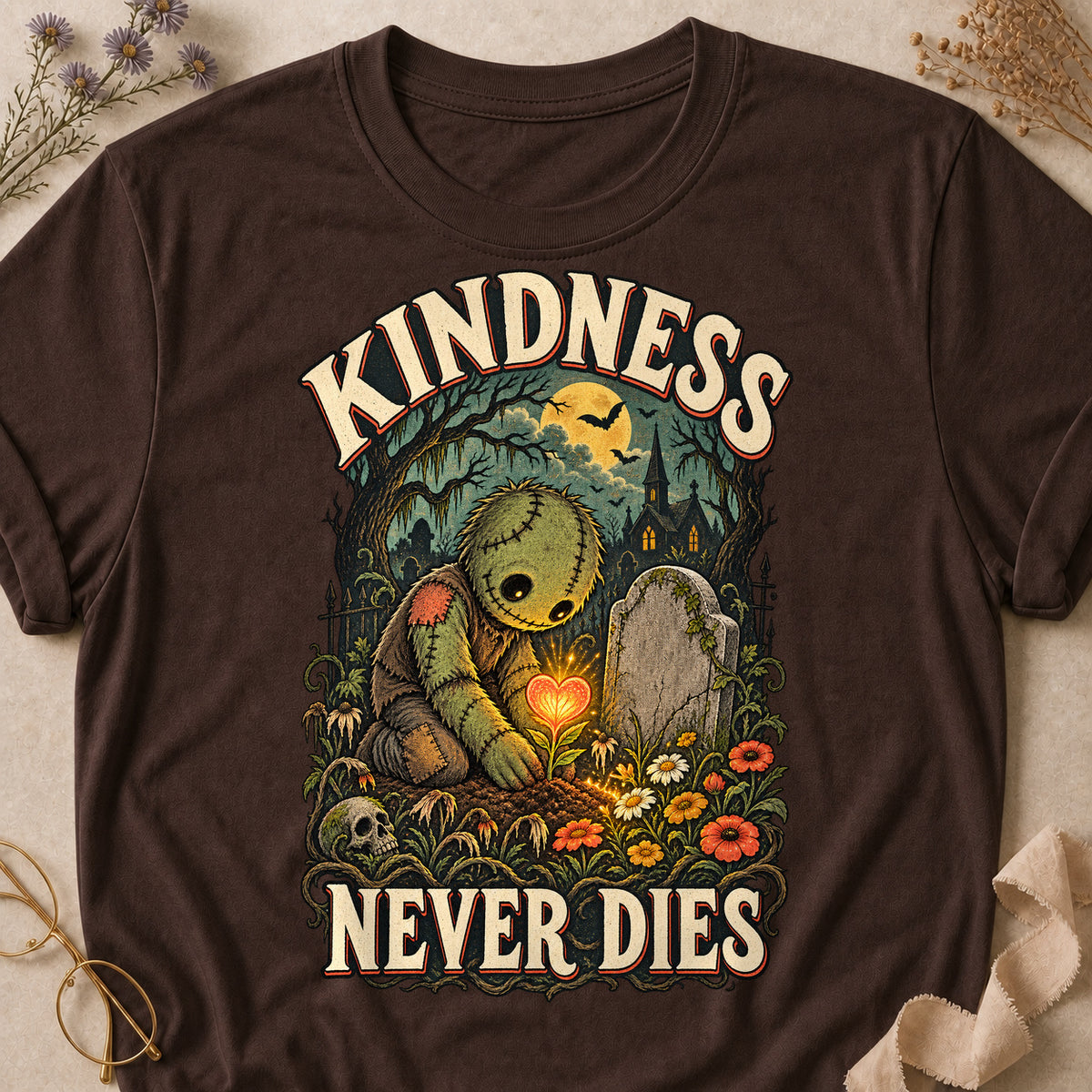 Kindness Never Dies Colored Print T-Shirt - Dark Chocolate - Brooke & Belle