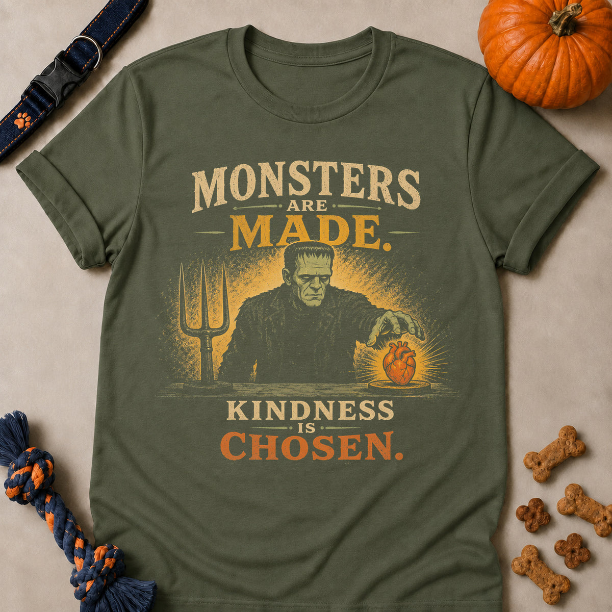 Monsters Are Made. Kindness Is Chosen Colored Print T-Shirt - Military Green - Brooke & Belle