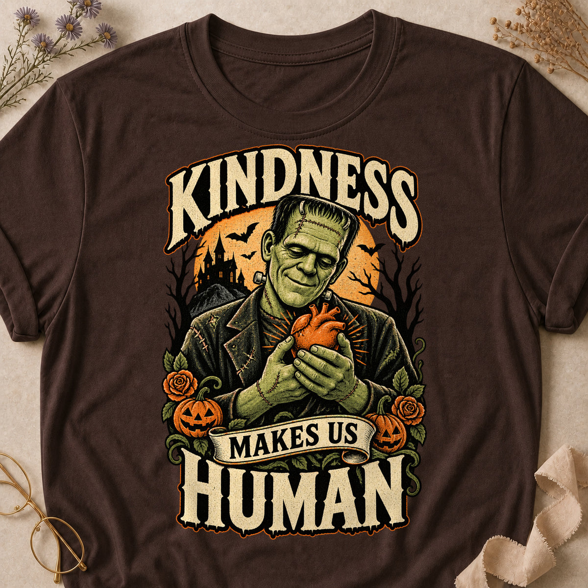 Kindness Makes Us Human Colored Print T-Shirt - Dark Chocolate - Brooke & Belle