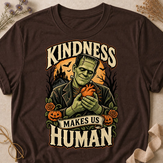 Kindness Makes Us Human Colored Print T-Shirt - Dark Chocolate - Brooke & Belle