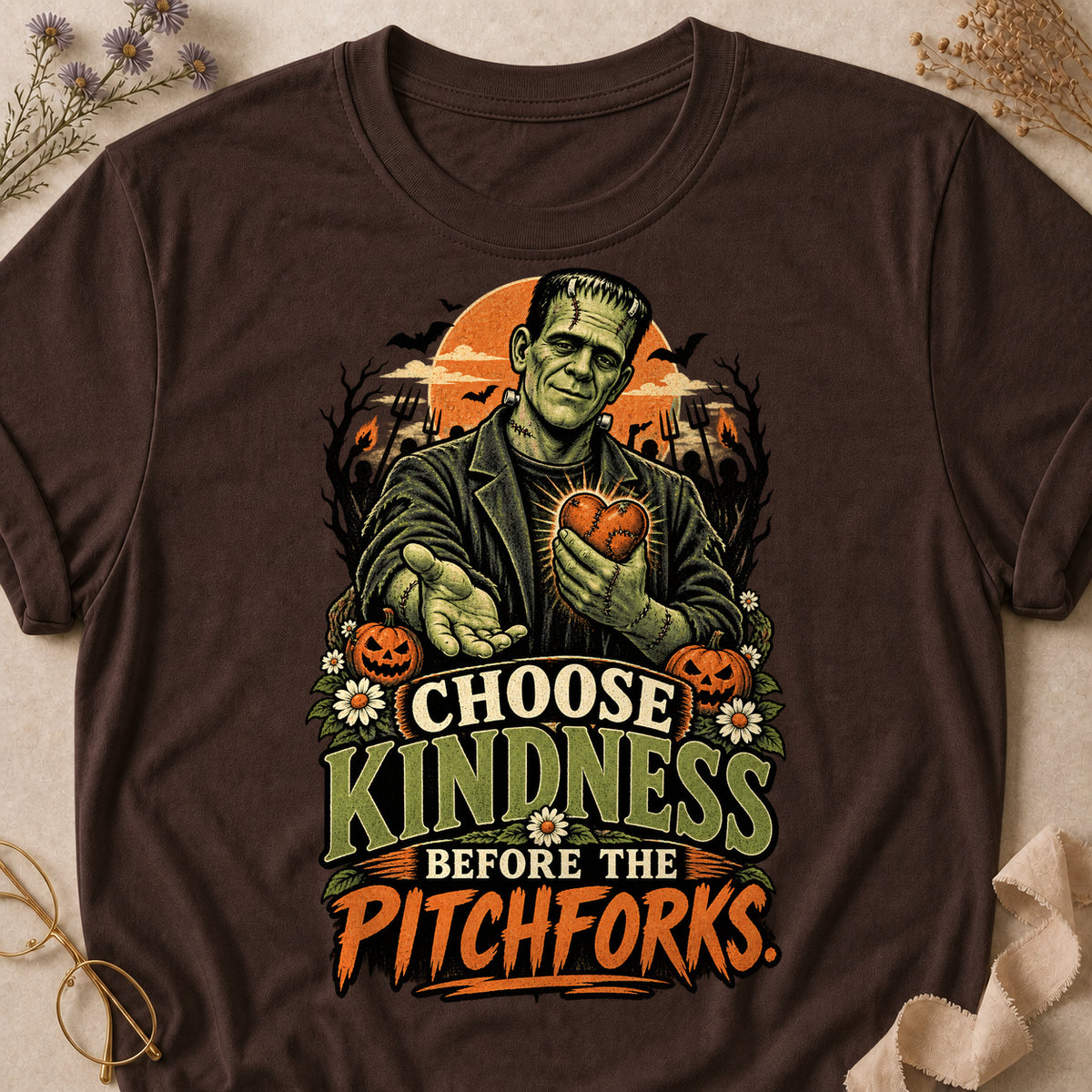 Choose Kindness Before The Pitchforks Colored Print T-Shirt - Dark Chocolate - Brooke & Belle