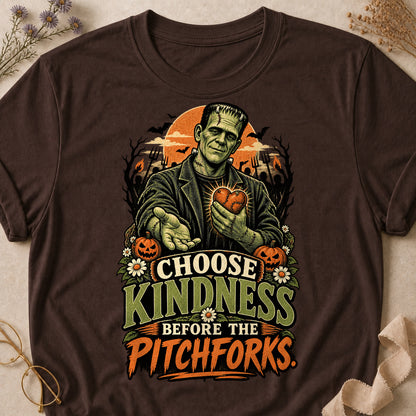 Choose Kindness Before The Pitchforks Colored Print T-Shirt - Dark Chocolate - Brooke & Belle