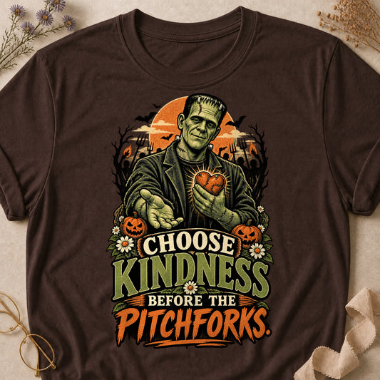 Choose Kindness Before The Pitchforks Colored Print T-Shirt - Dark Chocolate - Brooke & Belle