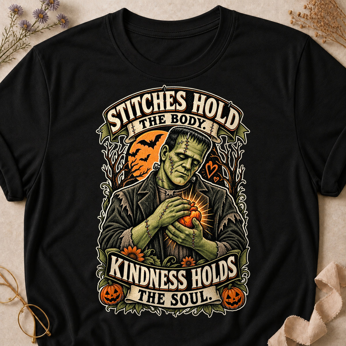 Stitches Hold The Body. Kindness Holds The Soul Colored Print T-Shirt - Black - Brooke & Belle