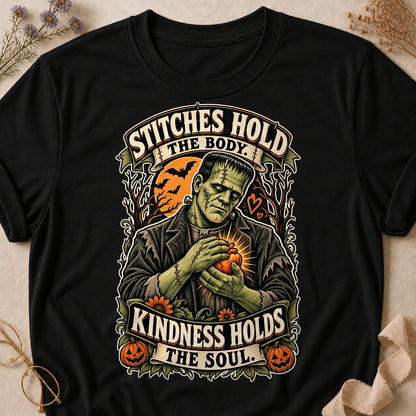 Stitches Hold The Body. Kindness Holds The Soul Colored Print T-Shirt - Black - Brooke & Belle